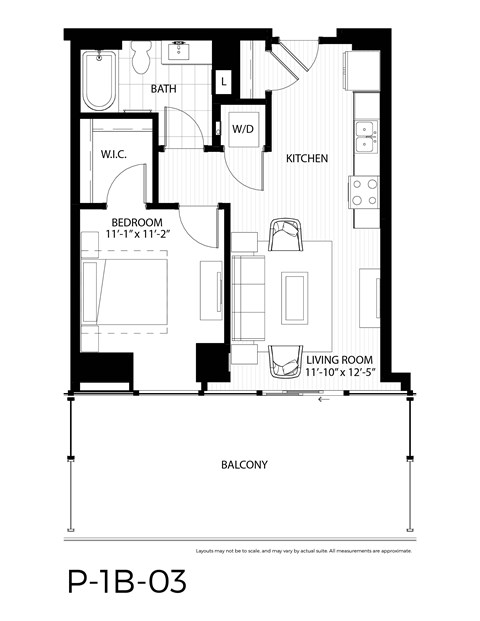 Floor plan for 1 bed, 1 bath, 672 sqft