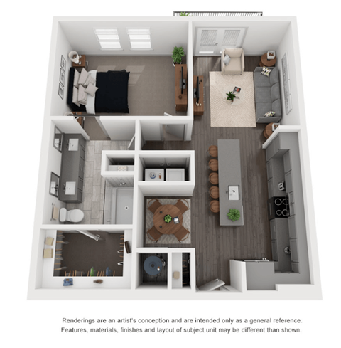 Floor plan for 1 bed, 1 bath, 848 sqft