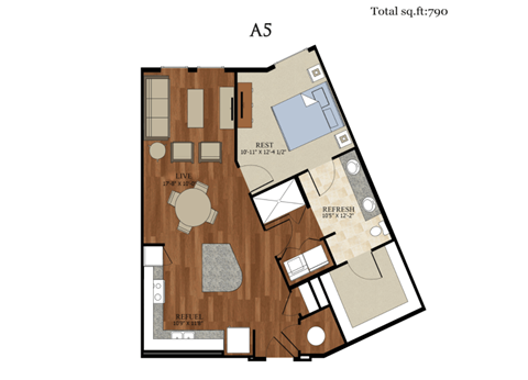 Floor plan for 1 bed, 1 bath, 790 sqft