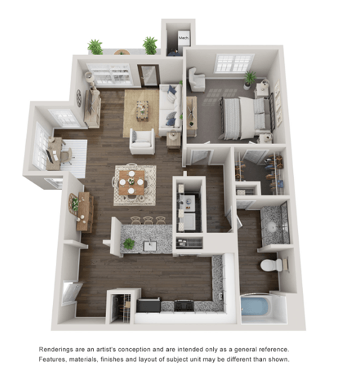 Floor plan for 1 bed, 1 bath, 799 sqft