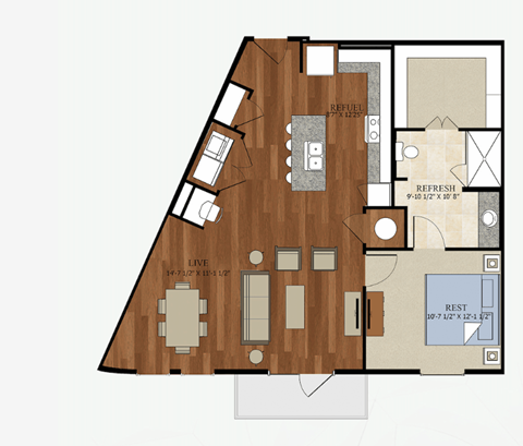Floor plan for 1 bed, 1 bath, 916 sqft
