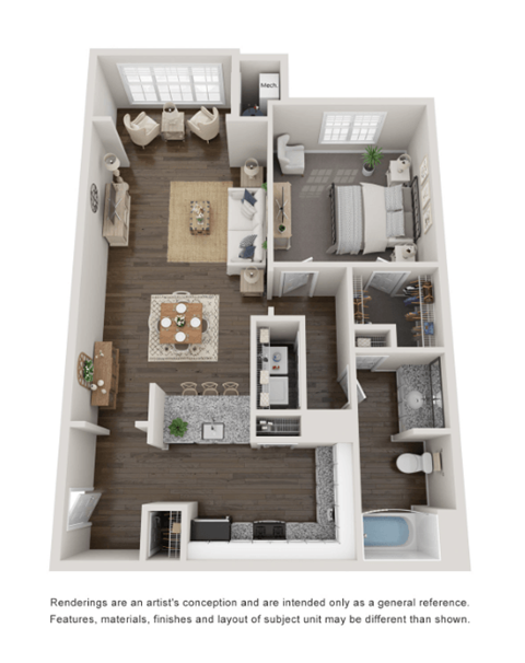 Floor plan for 1 bed, 1 bath, 819 sqft