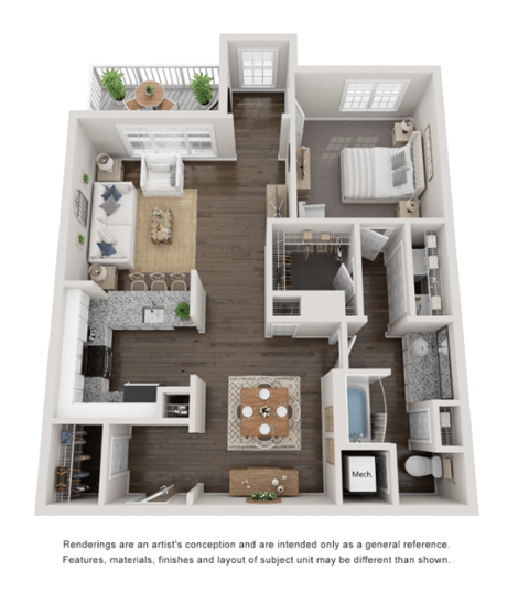 Floor plan for 1 bed, 1 bath, 876 sqft