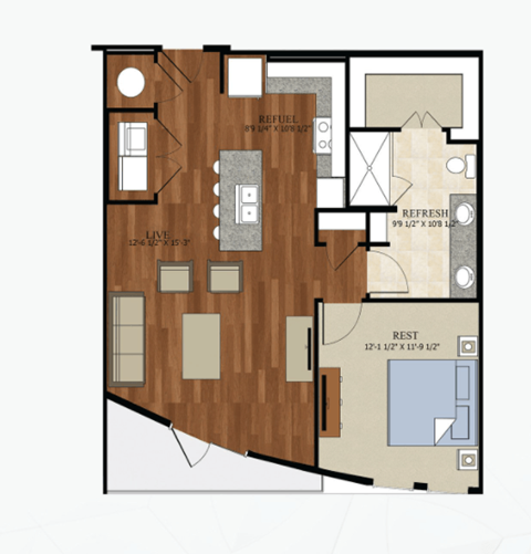 Floor plan for 1 bed, 1 bath, 786 sqft
