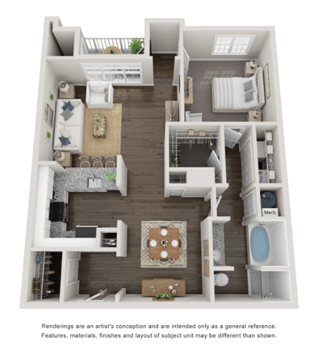 Floor plan for 1 bed, 1 bath, 892 sqft