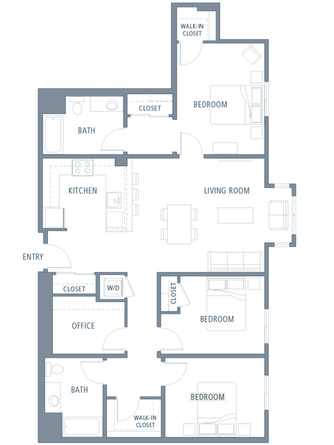 Floor plan for 3 beds, 2 baths, 1443 sqft