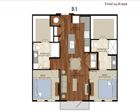 Floor plan for 2 beds, 2 baths, 999 sqft
