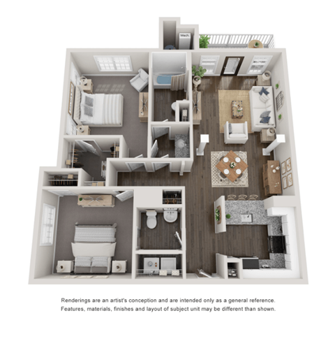 Floor plan for 2 beds, 1.5 baths, 1032 sqft