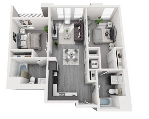 Floor plan for 2 beds, 2 baths, 910 sqft