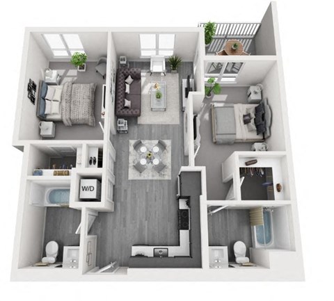 Floor plan for 2 beds, 2 baths, 973 sqft