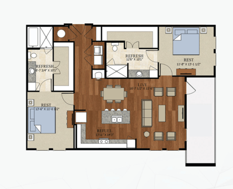 Floor plan for 2 beds, 2 baths, 1277 sqft