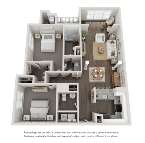 Floor plan for 2 beds, 1.5 baths, 1121 sqft