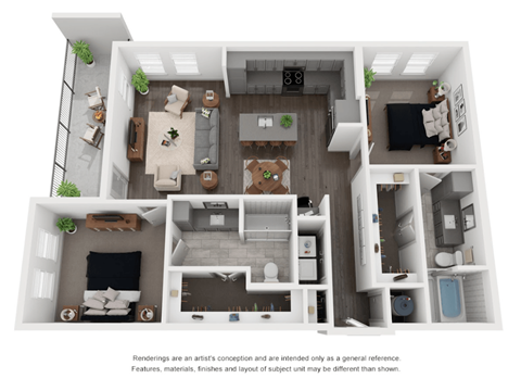 Floor plan for 2 beds, 2 baths, 1257 sqft