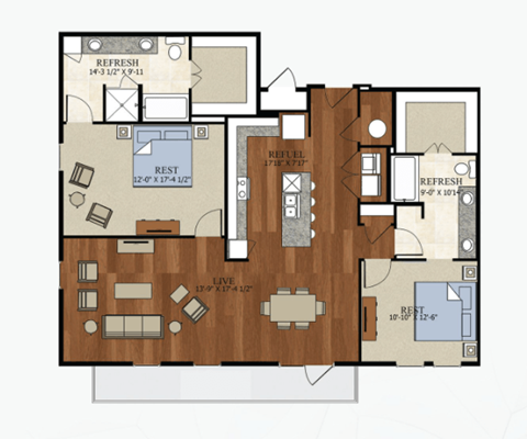 Floor plan for 2 beds, 2 baths, 1498 sqft