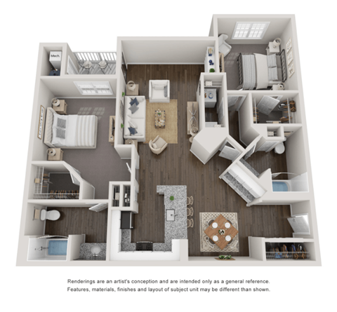 Floor plan for 2 beds, 2 baths, 1164 sqft