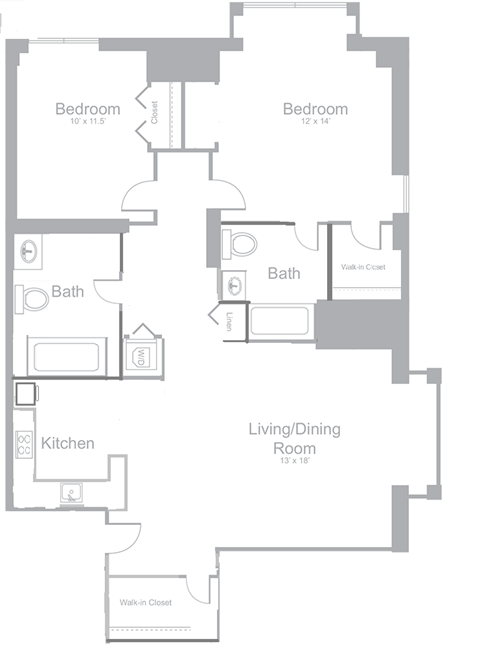 Floor plan for 2 beds, 2 baths, 1134 sqft
