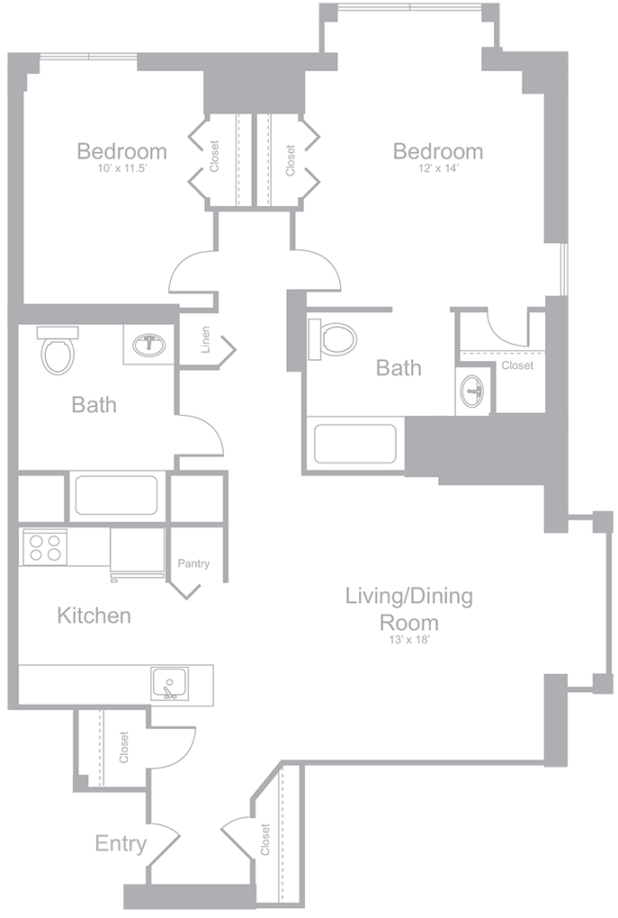 Floor plan for 2 beds, 2 baths, 1134 sqft