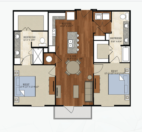 Floor plan for 2 beds, 2 baths, 1117 sqft