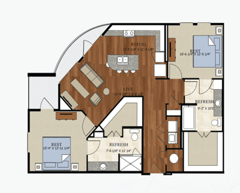 Floor plan for 2 beds, 2 baths, 1167 sqft