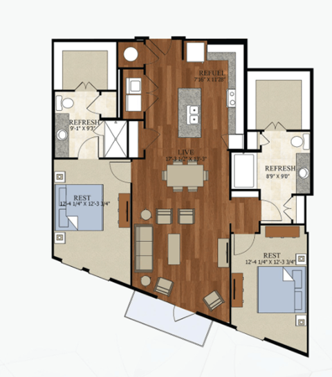 Floor plan for 2 beds, 2 baths, 1281 sqft