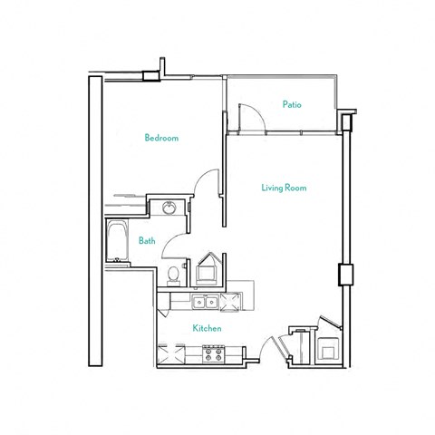 Floor plan for 1 bed, 1 bath, 781 sqft