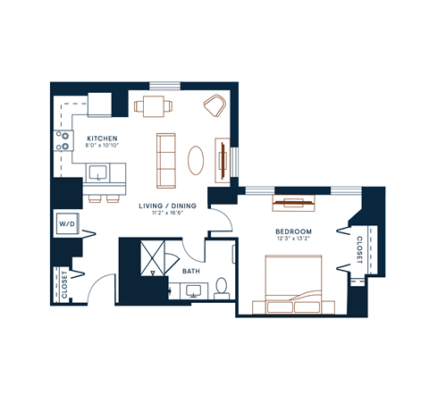 Floor plan for 1 bed, 1 bath, 787 sqft