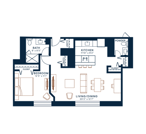 Floor plan for 1 bed, 1 bath, 975 sqft
