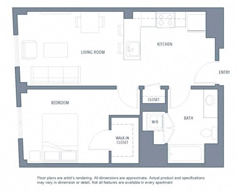 Floor plan for 1 bed, 1 bath, 628 sqft