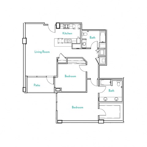 Floor plan for 2 beds, 2 baths, 1283 sqft