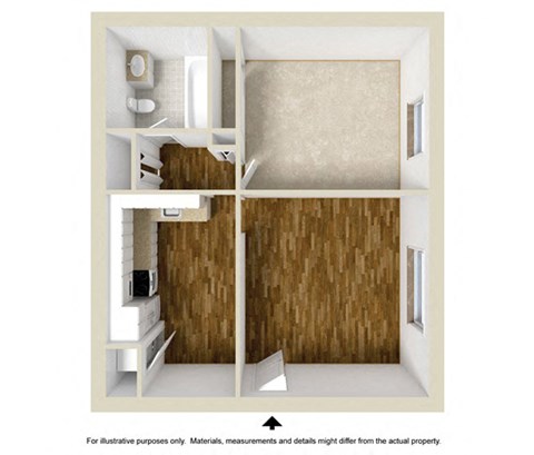 Floor plan for 1 bed, 1 bath, 485 sqft