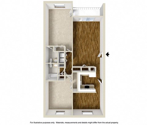 Floor plan for 2 beds, 1.5 baths, 1105 sqft