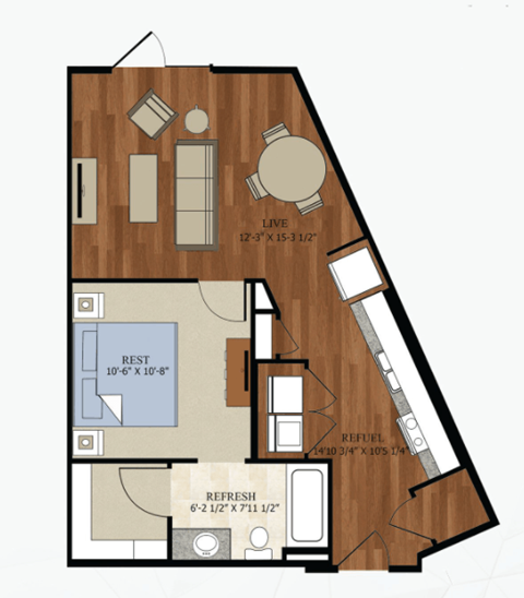 Floor plan for studio, 1 bath, 611 sqft