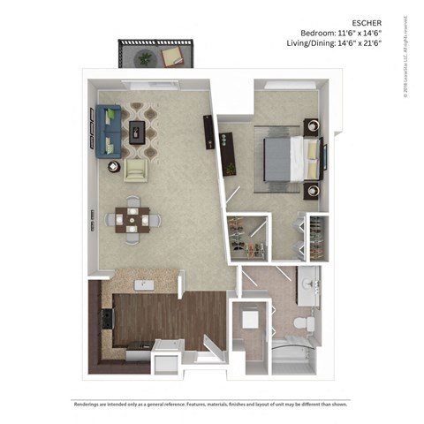 Floor plan for 1 bed, 1 bath, 940 sqft