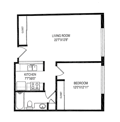 Floor plan for 1 bed, 1 bath, 639 sqft