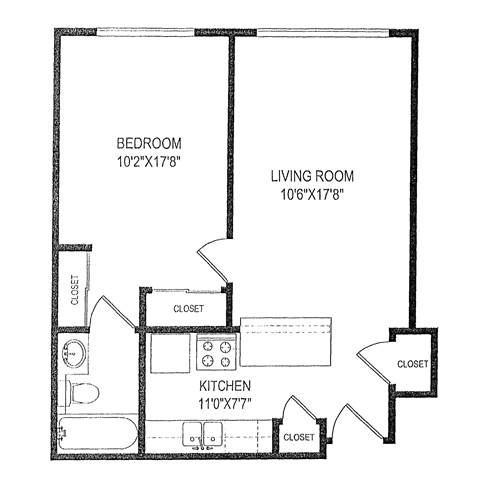 Floor plan for 1 bed, 1 bath, 580 sqft