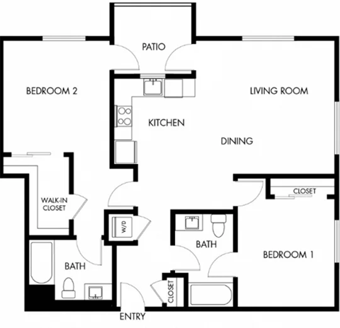 Floor plan for 2 beds, 2 baths, 1237 sqft