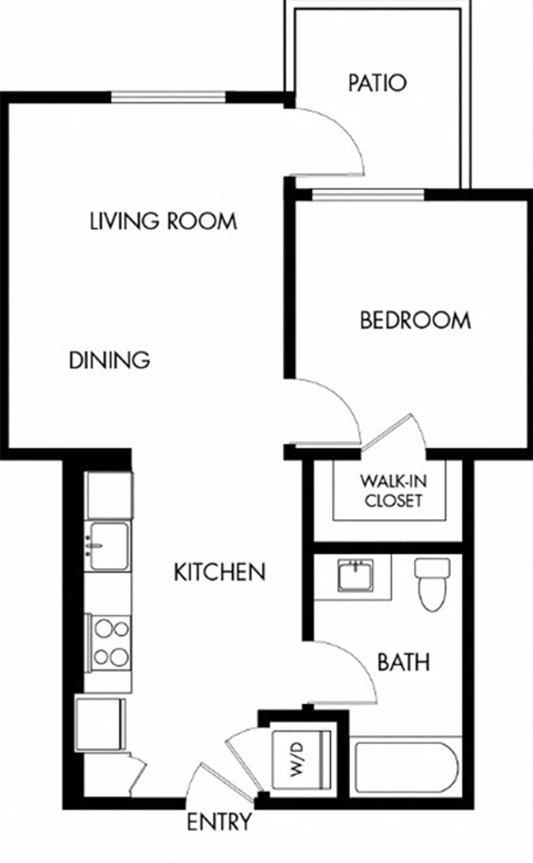 Floor plan for 1 bed, 1 bath, 613 sqft