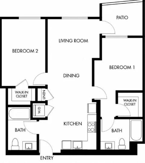 Floor plan for 2 beds, 2 baths, 934 sqft