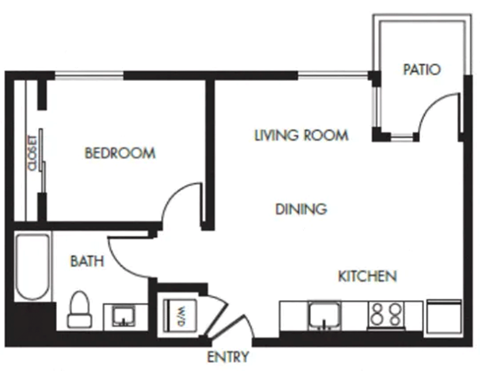 Floor plan for 1 bed, 1 bath, 609 sqft