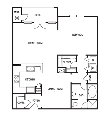 Floor plan for studio, 1 bath, 869 sqft