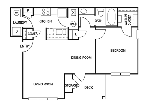 Floor plan for 1 bed, 1 bath, 771 sqft