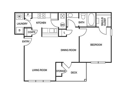 Floor plan for 1 bed, 1 bath, 834 sqft