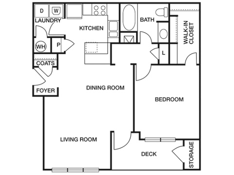 Floor plan for 1 bed, 1 bath, 886 sqft