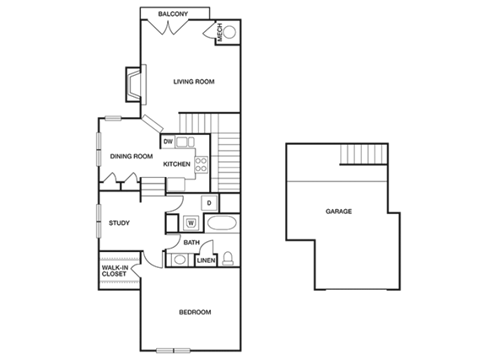 Floor plan for 1 bed, 1 bath, 1069 sqft