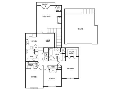 Floor plan for 3 beds, 2 baths, 1410 sqft