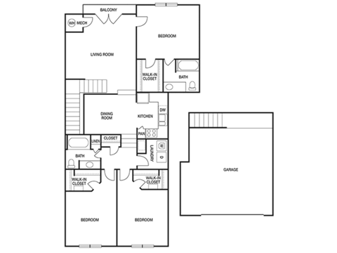 Floor plan for 3 beds, 2 baths, 1462 sqft