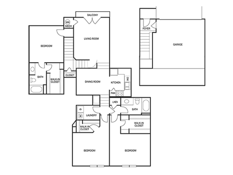 Floor plan for 3 beds, 2 baths, 1607 sqft