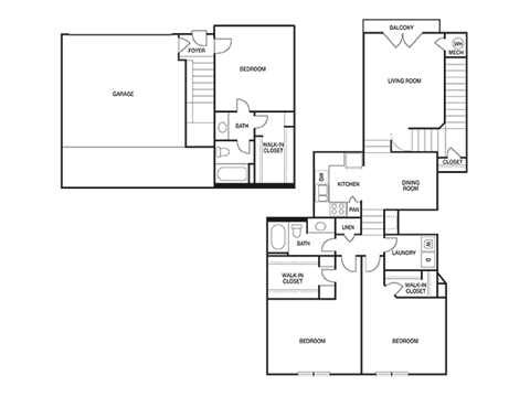 Floor plan for 3 beds, 2 baths, 1624 sqft