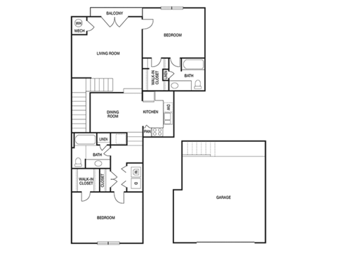 Floor plan for 2 beds, 2 baths, 1281 sqft