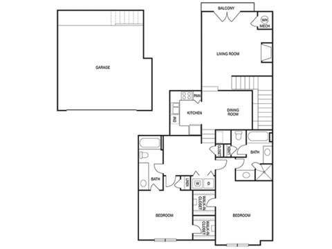 Floor plan for 2 beds, 2 baths, 1338 sqft